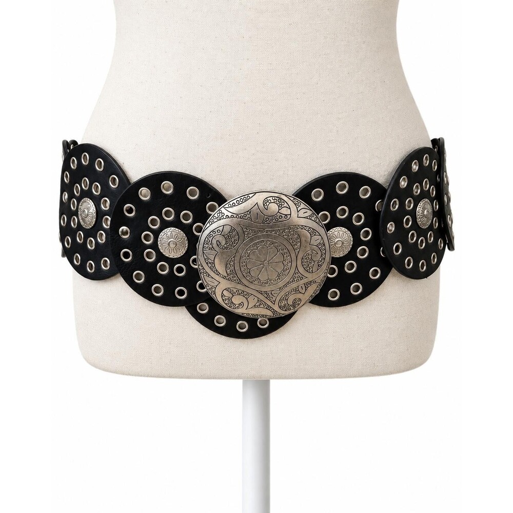 Boho Y2K Leather Disc Concho Belt Black Brass Grommet Statement Belt Western 36'